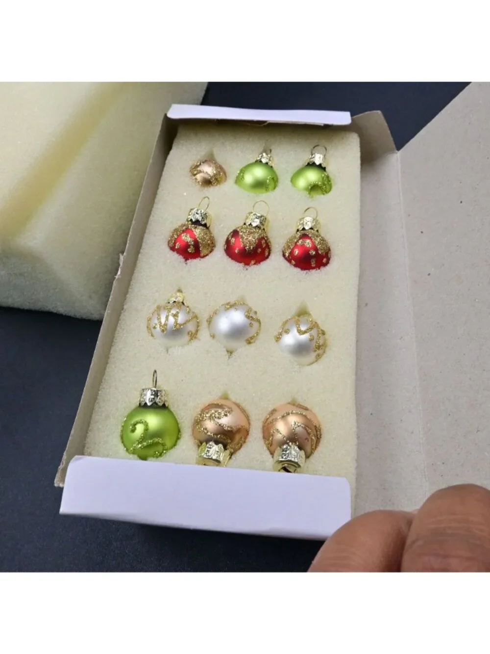 LS Arts Glass Christmas Tree Tabletop Miniature Green with Gold Ornaments Boxed